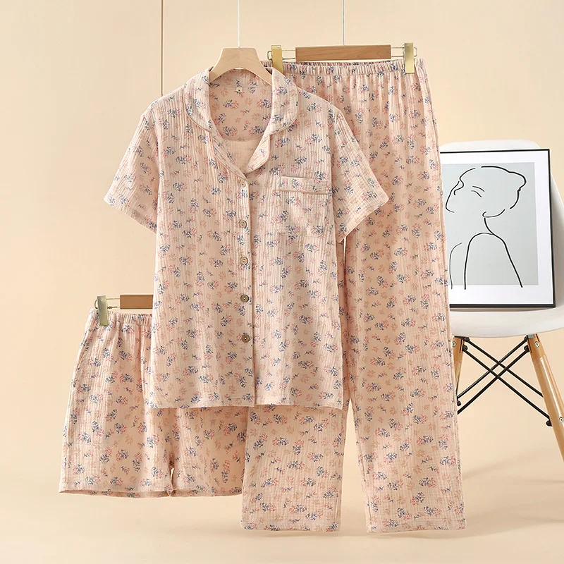 Летняя хлопковая тонкая Домашняя одежда из крепа с коротким рукавом Кардиган