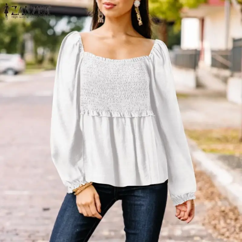 

Spring Smocking Ruffles Chemise Party Tunic Tops 2022 ZANZEA Women Long Lantern Sleeve O Neck Casual Blouse Vintage Shirt Loose
