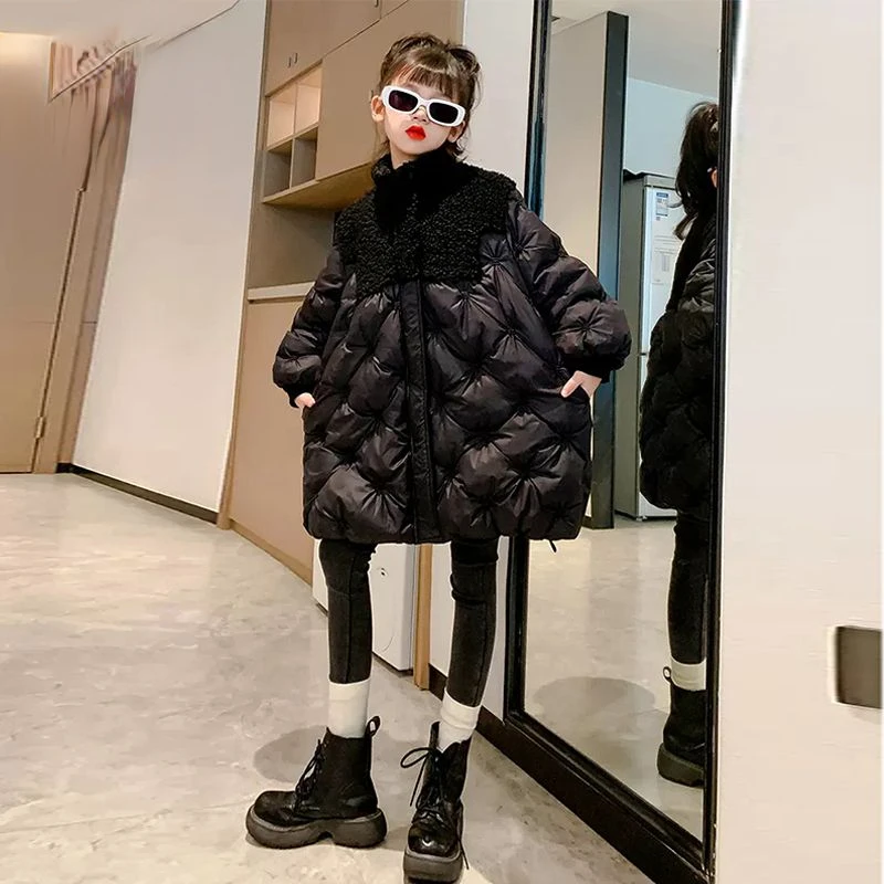 

Girls Down Korean Style Cotton Coat Children's Jacket Winter Warm Padded Long Clothes Solid Color Princess Parkas for Kids Q93