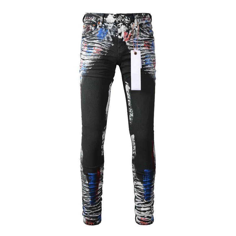 

High Street Fashion Painted Designer Purple Jeans Black Stretch Elastic Skinny Jeans Men Buttons Fly Hip Hop Brand Pants