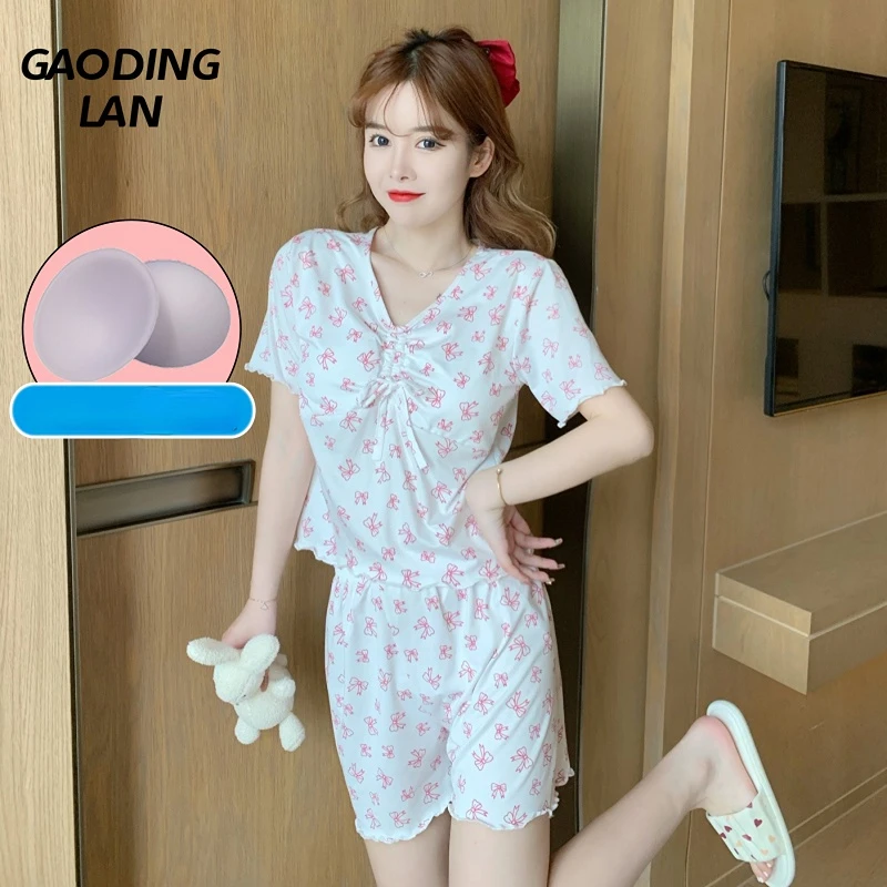 

GAODINGLAN Summer Women Short Sleeve Bow Print Pajamas Set Shorts V Neck Nightwear 2 Piece Suit Female with Pad Home Sleepwear