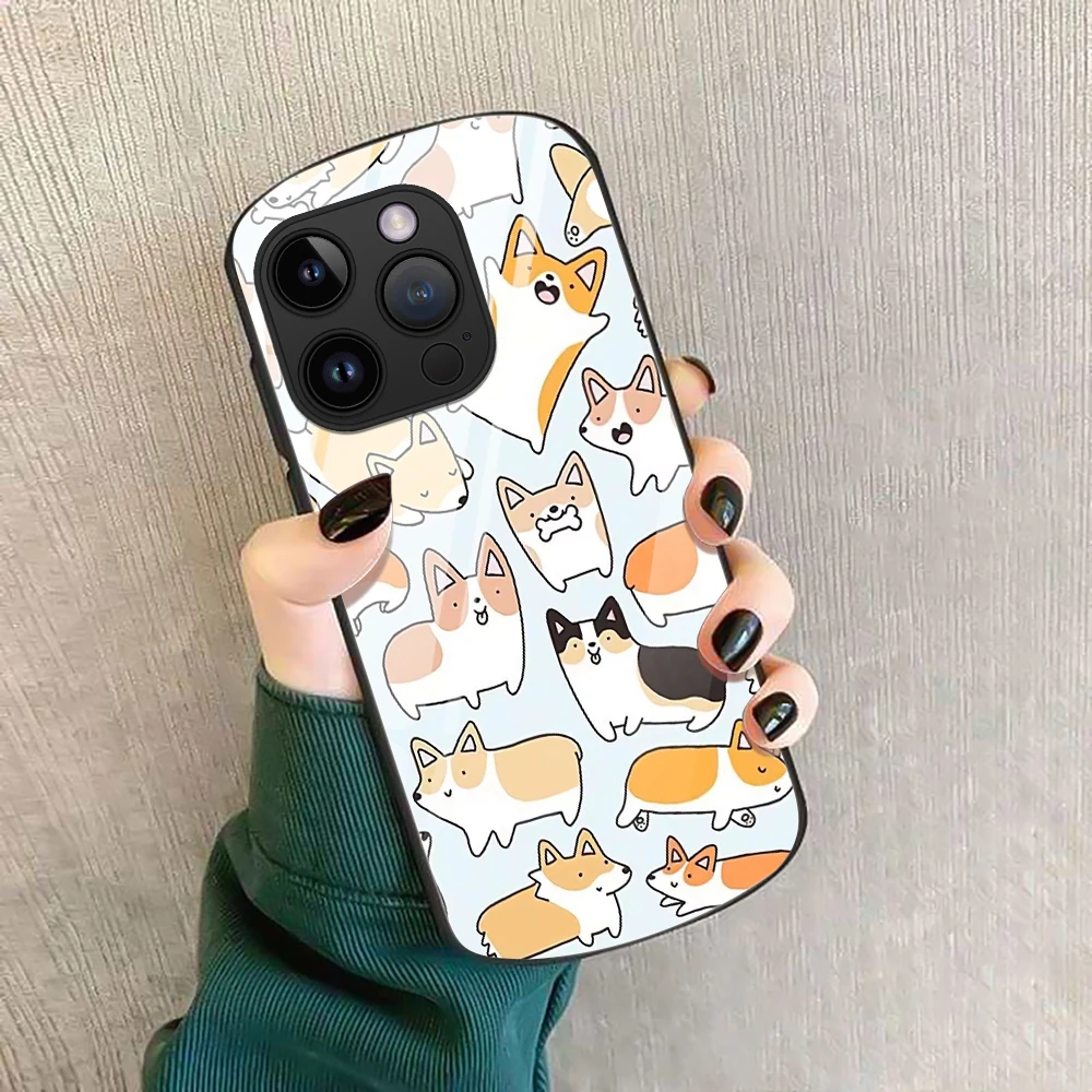 Cartoon Dog Phone Case For iPhone 14 Plus 11Pro Cute Dog Cases For iPhone 13 Mini 12 Pro Max X Oval Tempered Glass Cover Carcasa