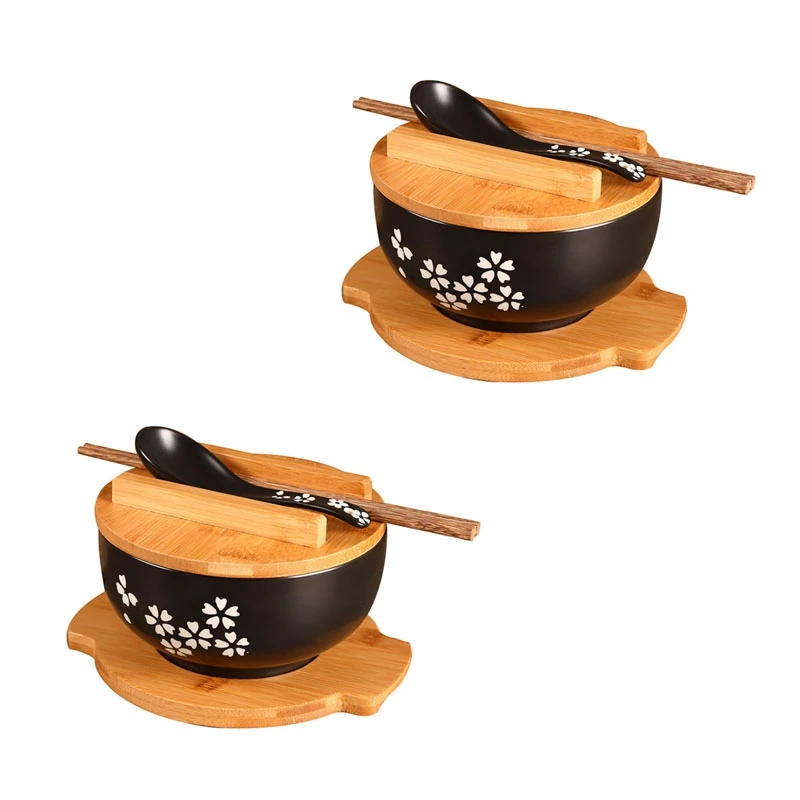 

2X 1000Ml Ceramic Noodle Bowl Spoon Bowl Mat With Cover Instant Noodle Bowl Korean Soup Bowl Rice Bowl Cutlery Set