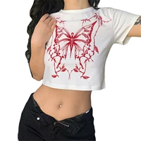 women short sleeve t shirts butterfly print summer casual round neck crop tops for streetwear