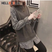 fake two piece sweater top spring and autumn new loose plaid trumpet sleeve pullover sweater