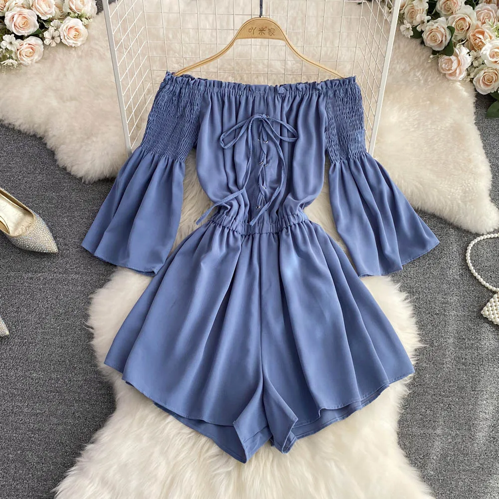 

Летний женский темпераментный комбинезон с рукавами-колокольчиками, одним плечом, открытыми плечами, талией, высокой талией и широкими штанинами