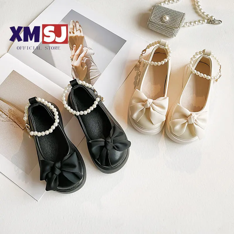 Fashion Girl's Mary Janes Shallow Ribbon Bowtie Beading Strap Children Leather Shoes Party Black Beige Four Seasons Girl Shoes