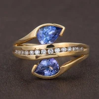 fashion drop teardrop blue glass filled rings for women creative irregular gold color ring female anniversary gift hot selling
