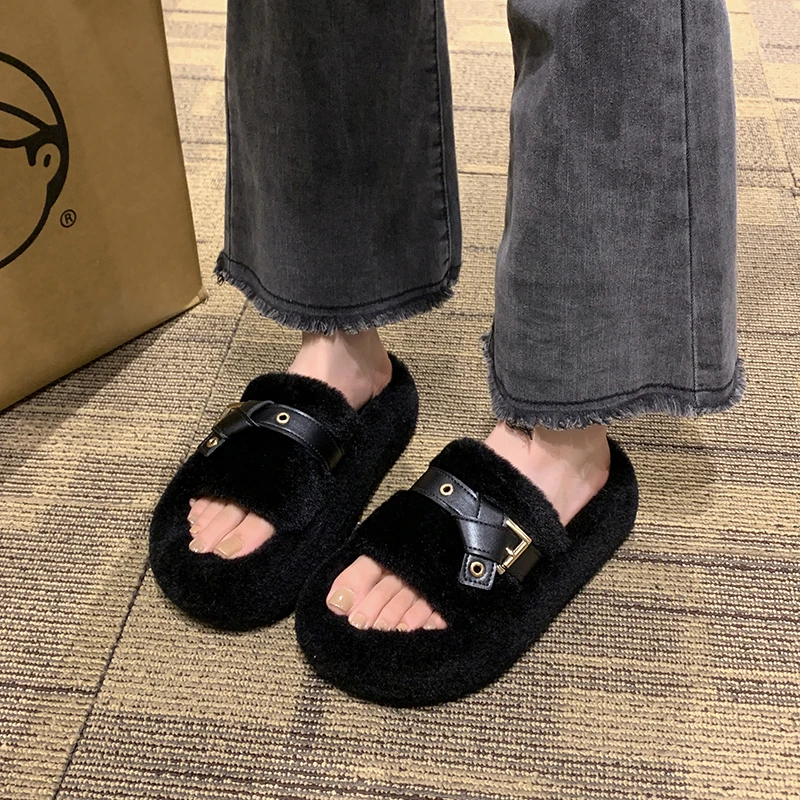 Женская обувь тапочки повседневные меховые шлепанцы плоский плюш удобные теплые