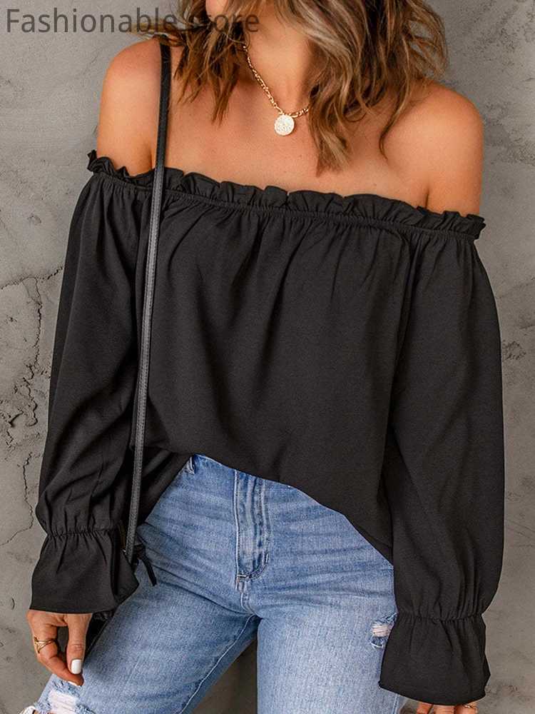 

Женская однотонная шифоновая блузка с открытыми плечами и расклешенными рукавами