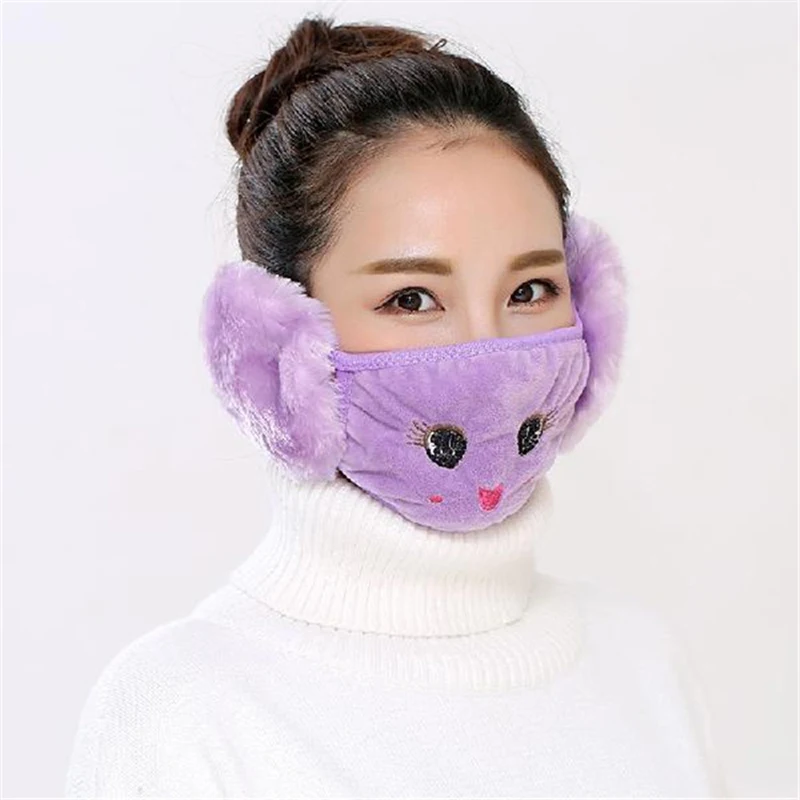 

Winter Warm Cute Cartoon Cat Embroidered Earloop Mouth Cover Cotton Plush Windproof Earmuff Anti-Dust Half Face Cover