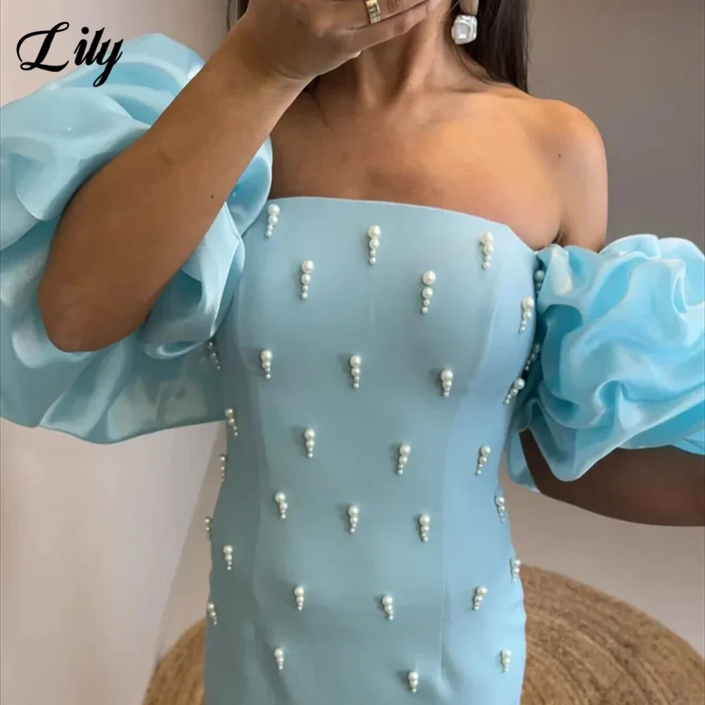 Фото Элегантное вечернее платье Lily Sky Blue с блестящим жемчугом и пышными рукавами, платья для выпускного вечера, атласные вечерние платья русалки, robe de bal, индивидуальный заказ №3
