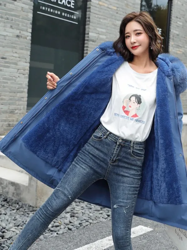 

New 2023 Winter Women's Parkas Plush Cotton Jacket Thick Coat with Hood Oversized Midi Long Wool Collar Warm Padded Hot Coats