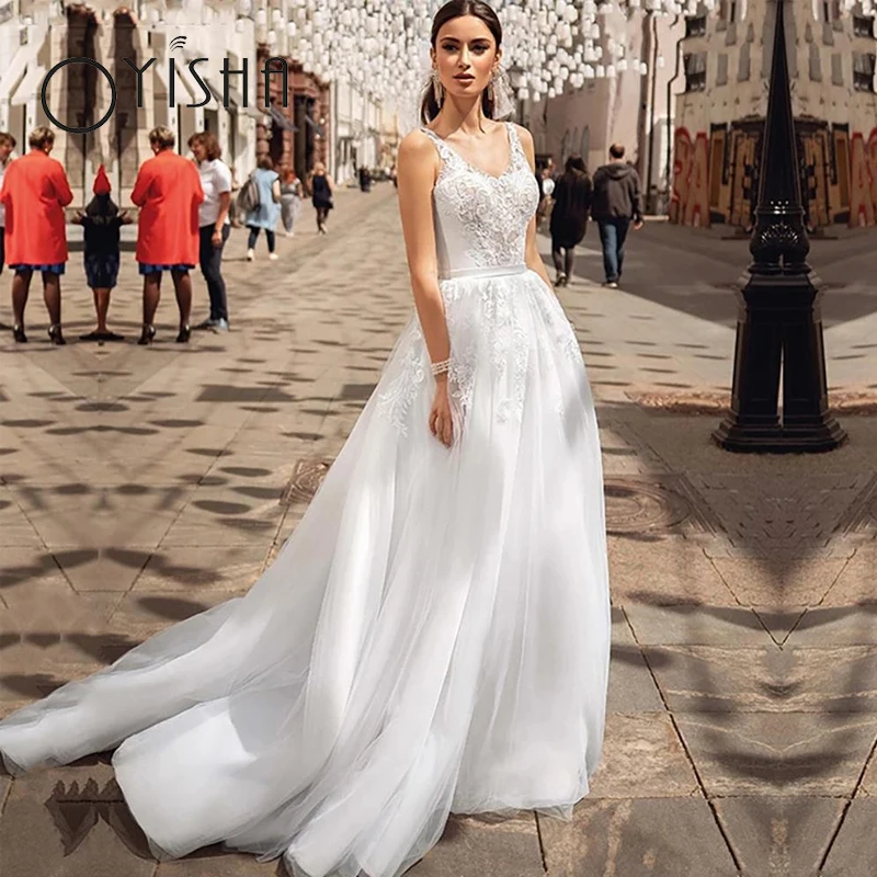 

OYISHA Elegant Backless A-Line Wedding Dresses 2023 Sleeveless Lace Appliques Bridal Gown For Women Sexy V-Neck vestido de noiva
