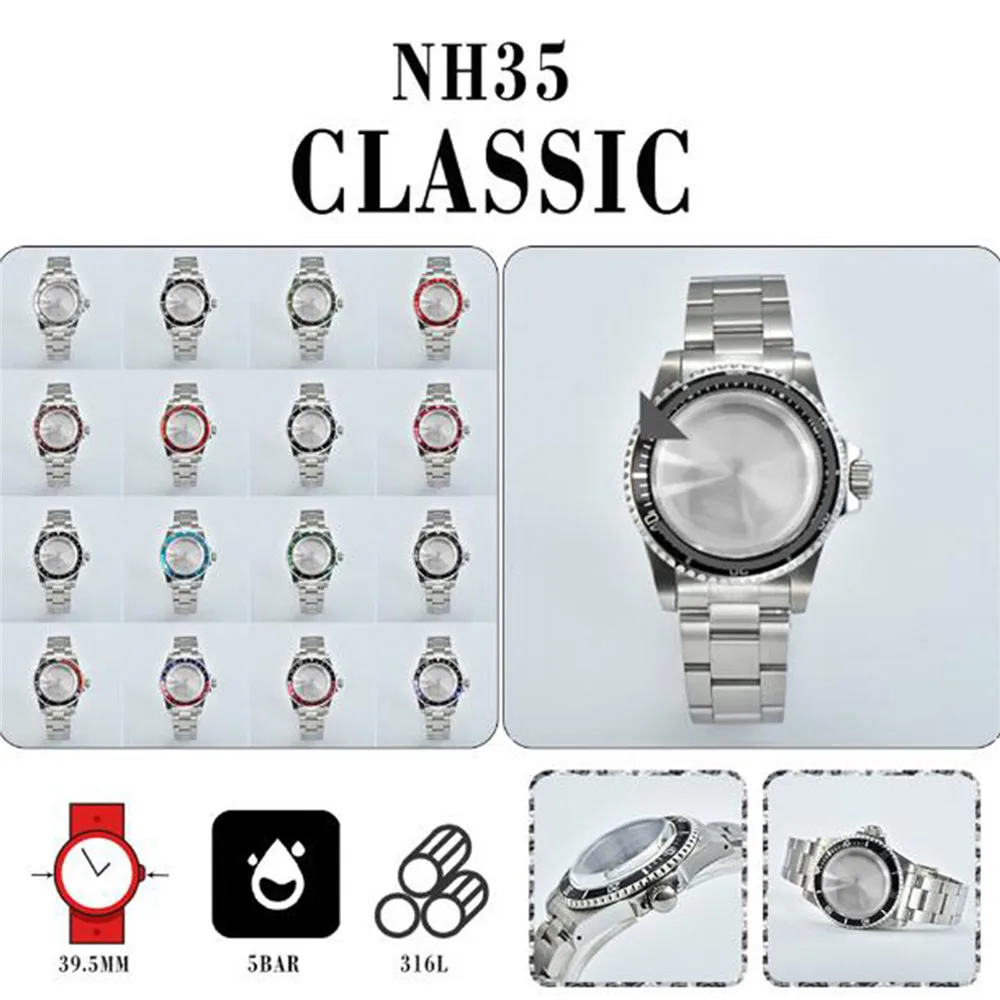 39.5mm Retro Stainless Steel Case Strap Set 100 Meters Super Waterproof Acrylic Lens Watch Case for NH35 NH36 Movement
