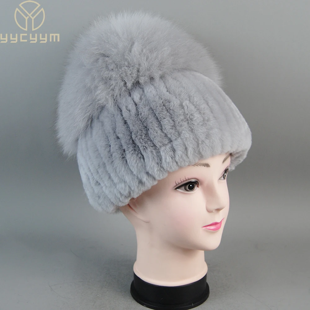 Winter Warm Hats Real Genuine Fox Fur Beanies Hat Women Natural Rex Rabbit Fur Skullies Cap Knitted Solid Fluffy Pom Pom Hats