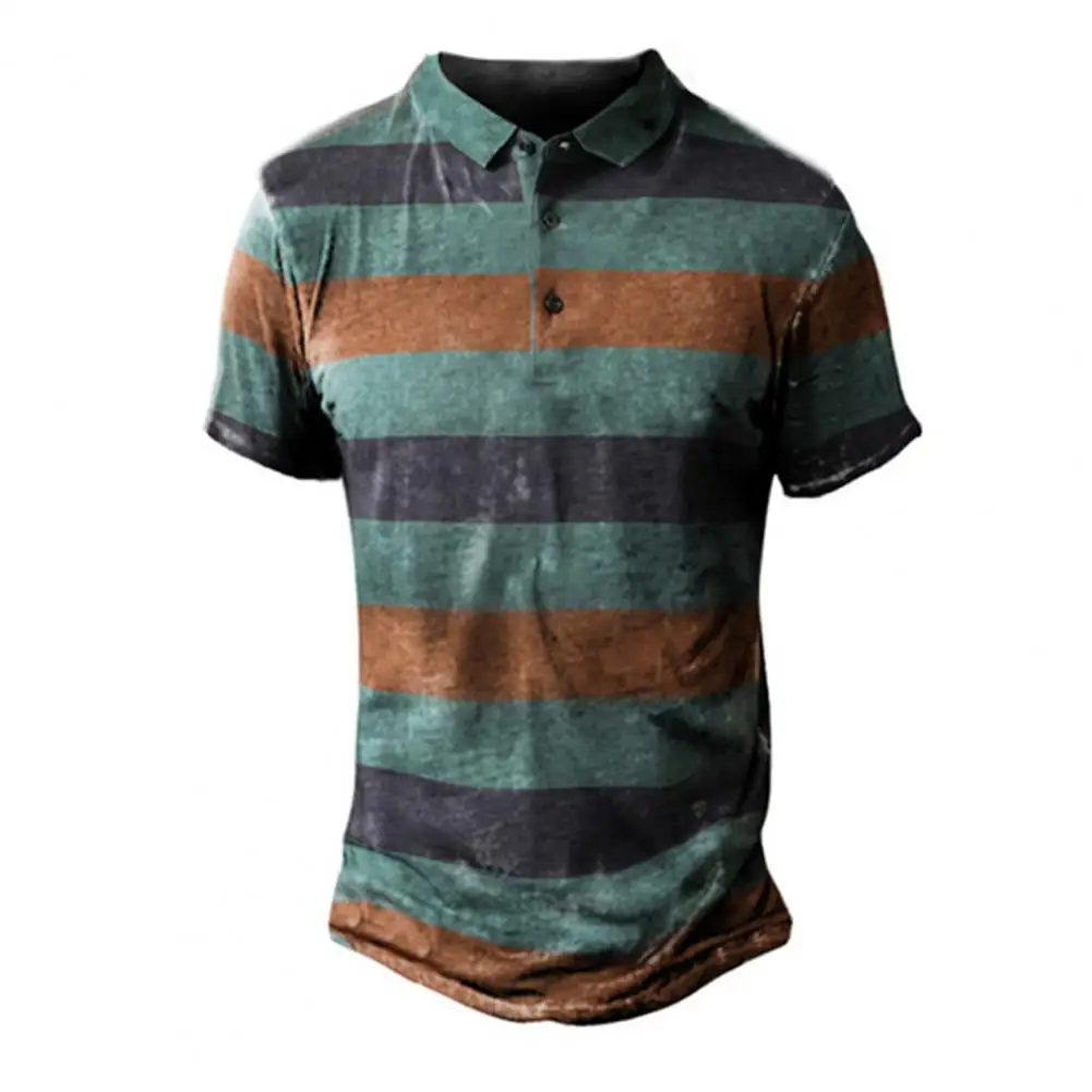 

Print Short Sleeve Tops Men Shirt Stripe Print Contrast Color Slim Fit Turn-down Collar Polo Shirt Men 2022 Vintage Summer Tops