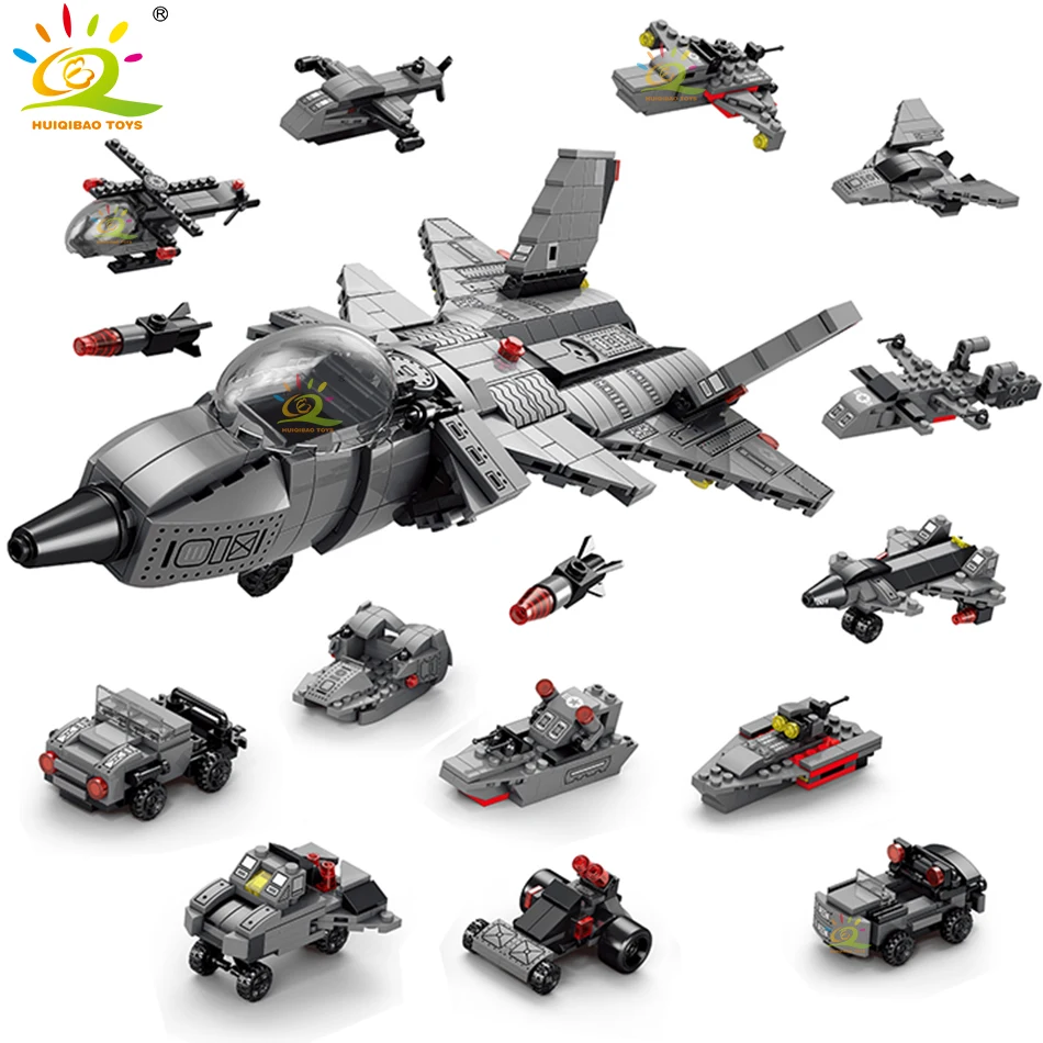 Huiqibao 8-в-1 J-20 Fighter Jet Модель Строительные блоки Набор 510 шт. DIY WW2 City Landmarks Маленькие