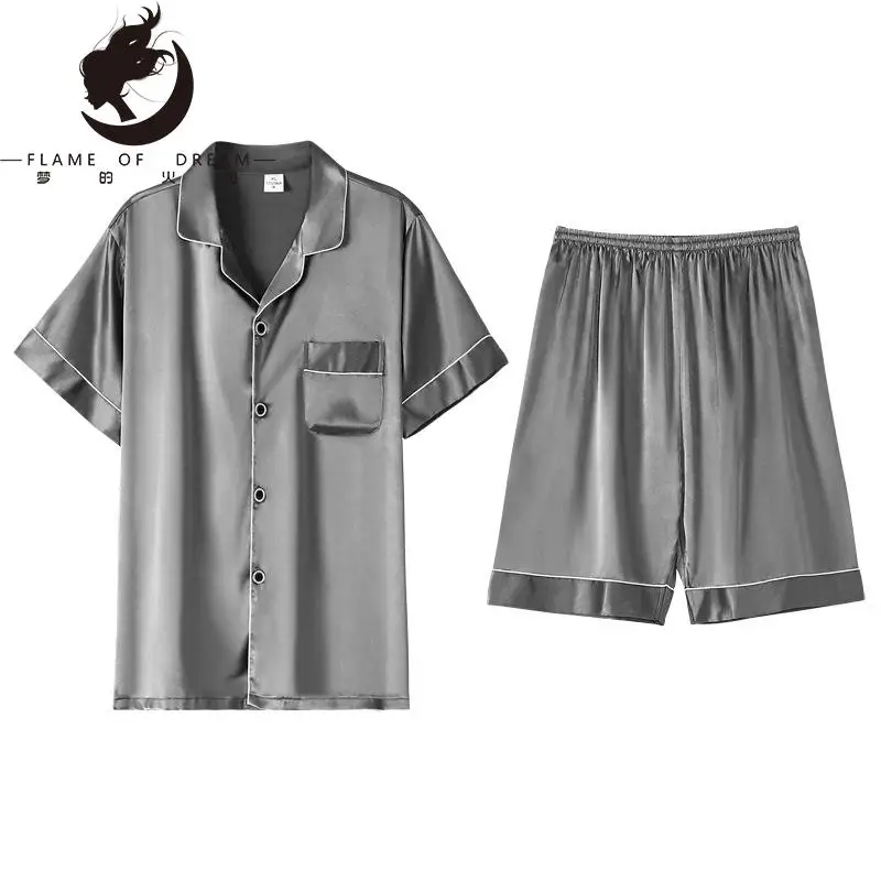 Flame Of Dream Pajamas Men's Summer Silk Ice Short Sleeve Shorts Home Clothes Men's Cardigan Summer Thin Silk Suit 221711