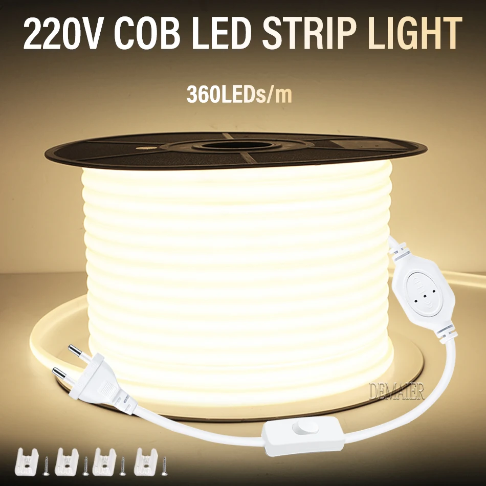 COB LED Strip 360leds/M High Bright EU Plug 220V CRI RA90 Waterproof Outdoor Garden FOB LED Tape For Bedroom Kitchen Lighting