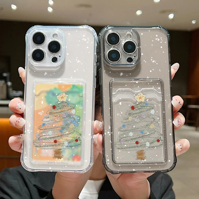 Фото Чехол для iPhone 16 Pro Max с роскошным принтом «Рождественская елка», прозрачный мягкий силиконовый чехол-держатель для карт для iPhone 15 14 13 Pro Max 12 11 №2
