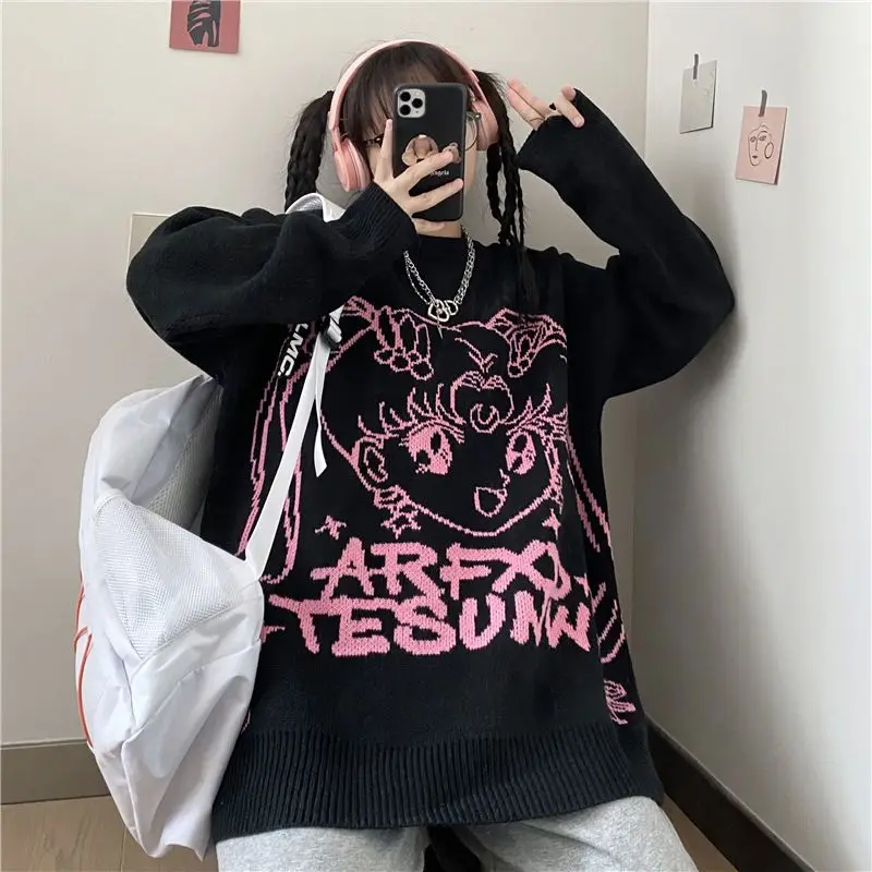 

Женский свитер в стиле Харадзюку, готический Вязаный Свитер оверсайз с длинным рукавом, круглым вырезом и принтом аниме, в стиле хип-хоп
