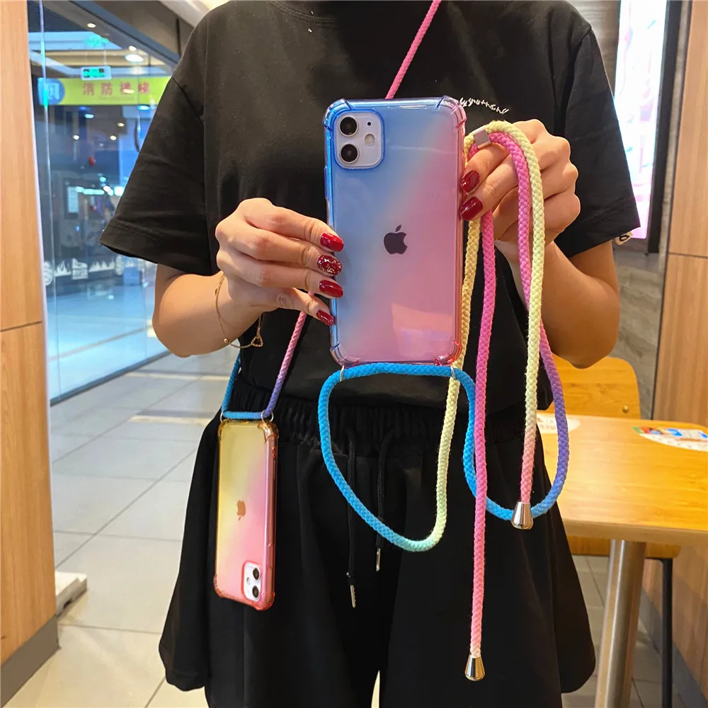 

Rainbow Gradient Soft Phone Case For iPhone 13 12 11 Pro XS Max XR X 7 Plus 8 6 6S SE Necklace Lanyard Shoulder Strap Cord cover