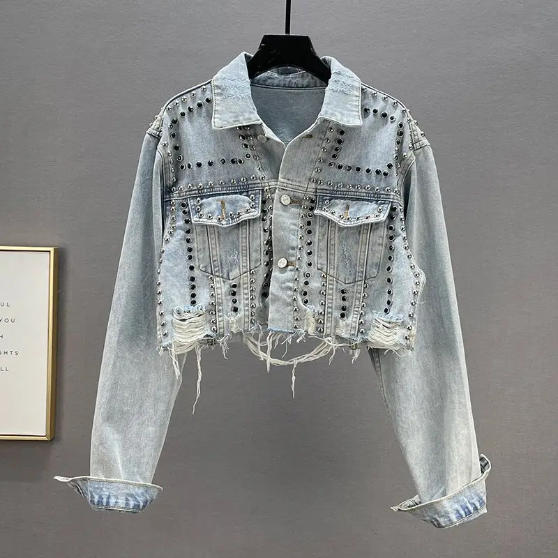 

Riveted Denim Short Jacket Women Clothes Spring And Autumn 2023 New Slim European With Diamond Inlay Female Coat