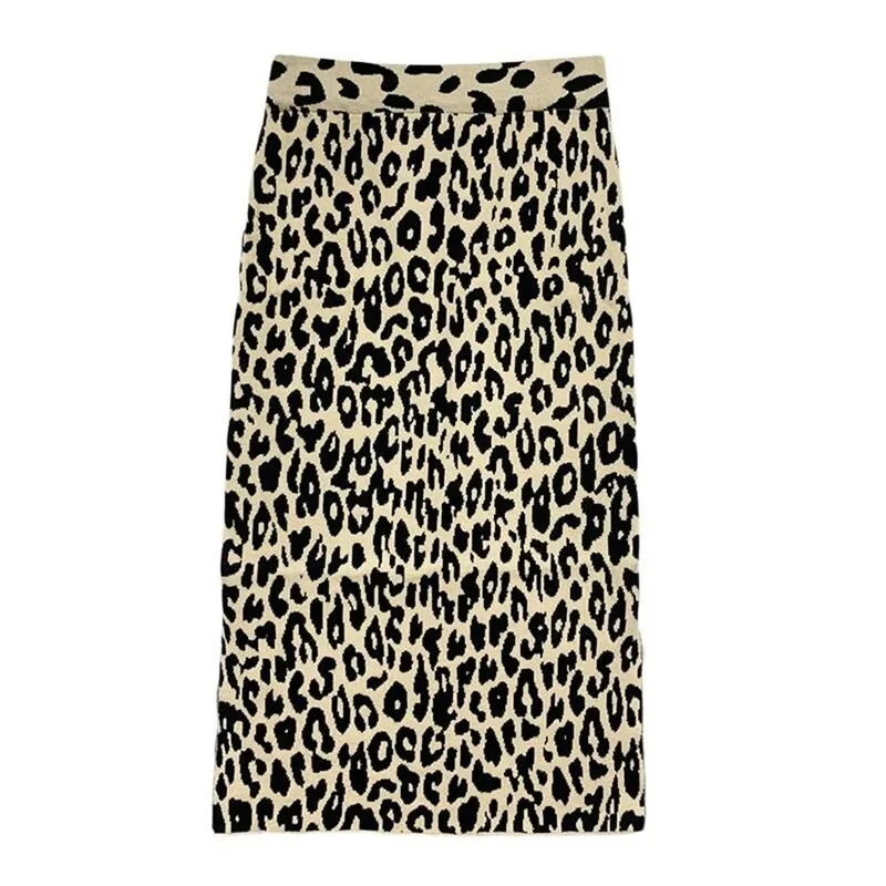 

2021 New Spring and Summer Ladies All-match Split Mid-length Skirt Printed Leopard Print Women's High Waist Knitted Skirt Women