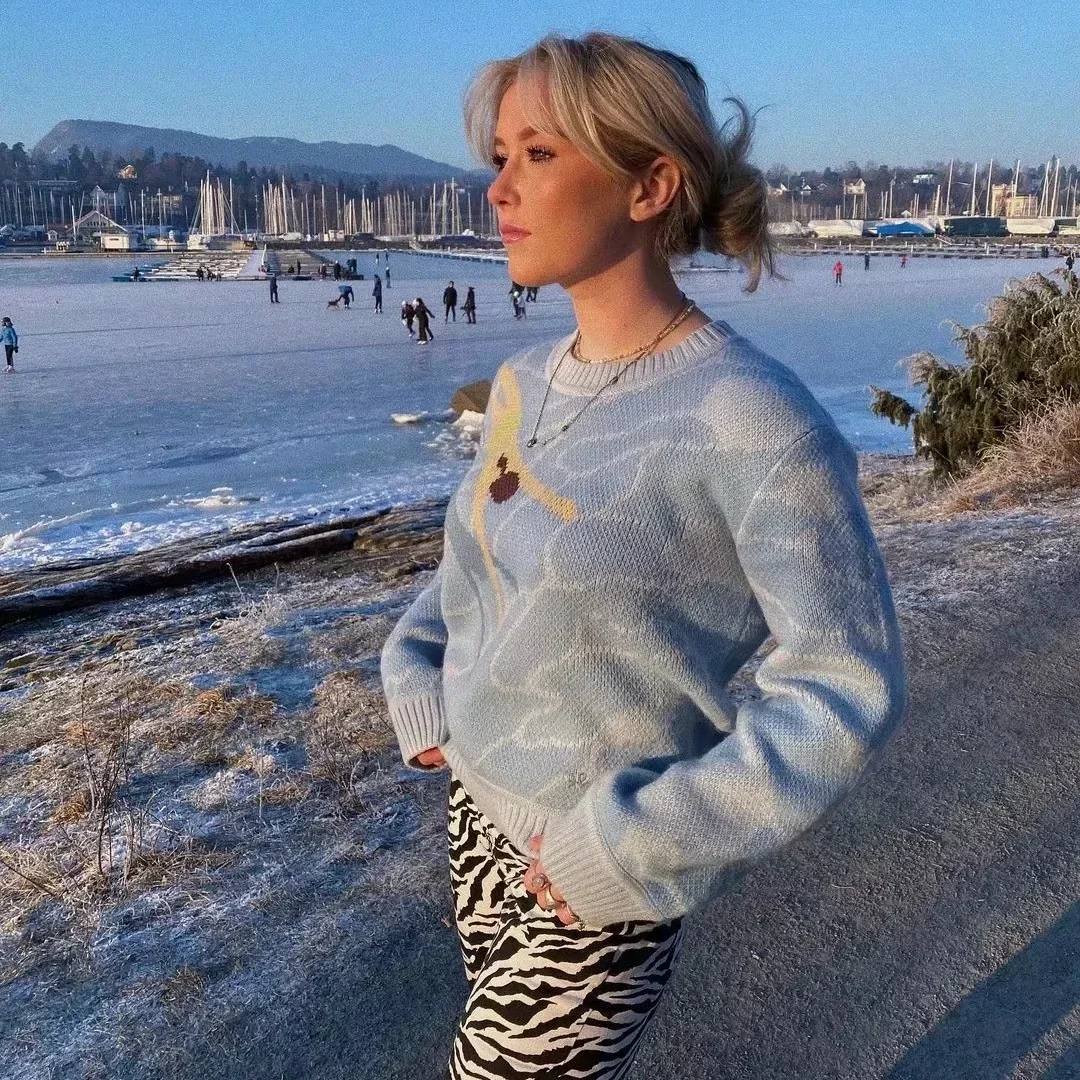 Женский свитер с длинным рукавом и круглым вырезом принтом