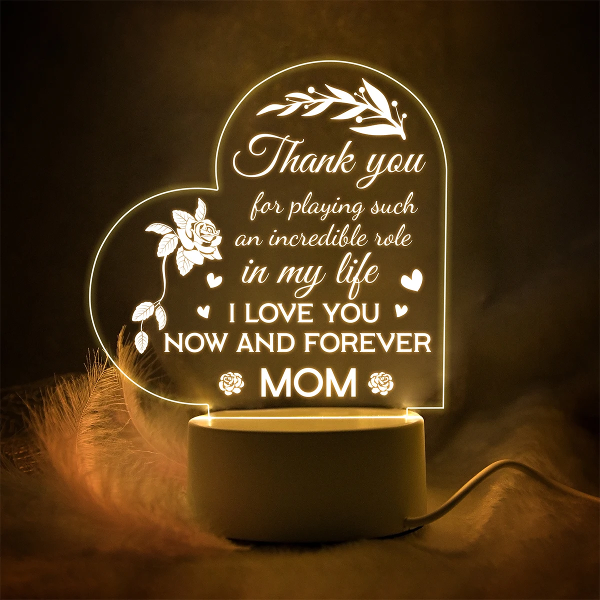 

3D Night Light for Mother Day Gifts LED Acrylic Light with Engraved Sayings and Base LED Illusion Lamp with Warm Light USB