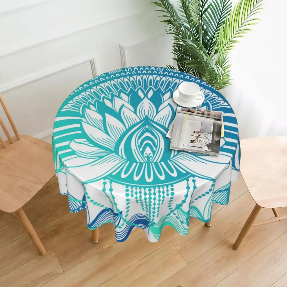 

Round Tablecloth Lotus Flower Mandala Ethnic Abstract Print Cover Washable Table Cloth for Tea Table