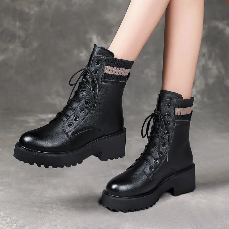 

Winter Women's Martern Boots 2021 Fashion Punk Motorcycle Boot Zipper Round Toe Leather Ankle Boots Woman Platform Goth Shoes