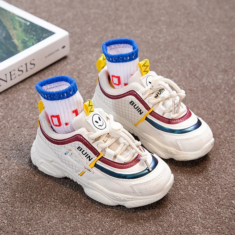 

Children's Shoes Wholesale Korean Version of Spring 2022 Big Children Running Shoes Lace Cartoon Boys Smiling Sneakers