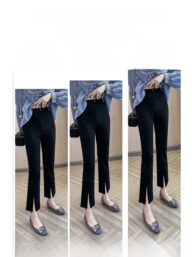 Маленькие черные брюки с разрезом спереди размера плюс капри Bootcut осенне-зимний