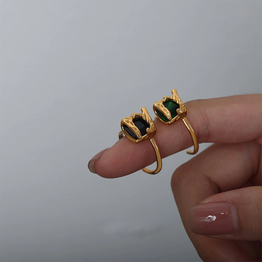 

Fashion Opening Ring for Women Man Bezel Setting Glass Stone Ring Stainless Steel Gold Color Trendy Finger Jewelry Adjustable