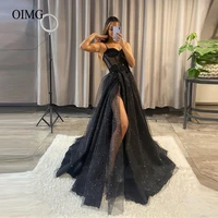 oimg sparkly black tulle long evening dresses spaghetti straps lace applique sweetheart party dresses high slit women prom gowns