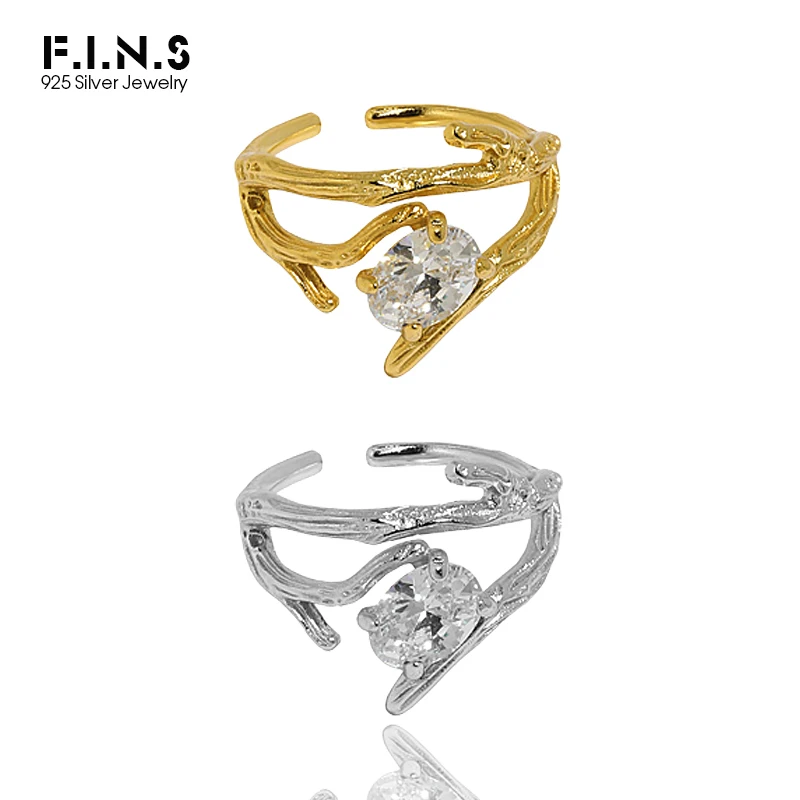 

F.I.N.S S925 Sterling Silver Gold Rattan Branches Zircon Open Ring Adjustable Luxury Wedding Finger Fine Silver 925 Jewelry