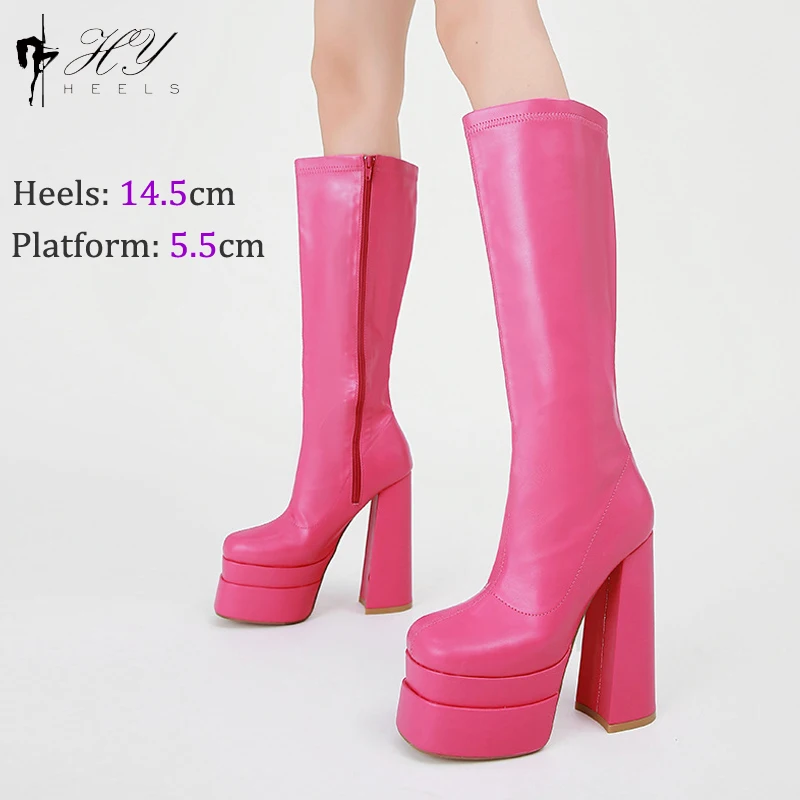 

New Fashion Double-layer Waterproof Platform Special-shaped Thick Heel Inside Zipper Knee Boots In Autumn 2022