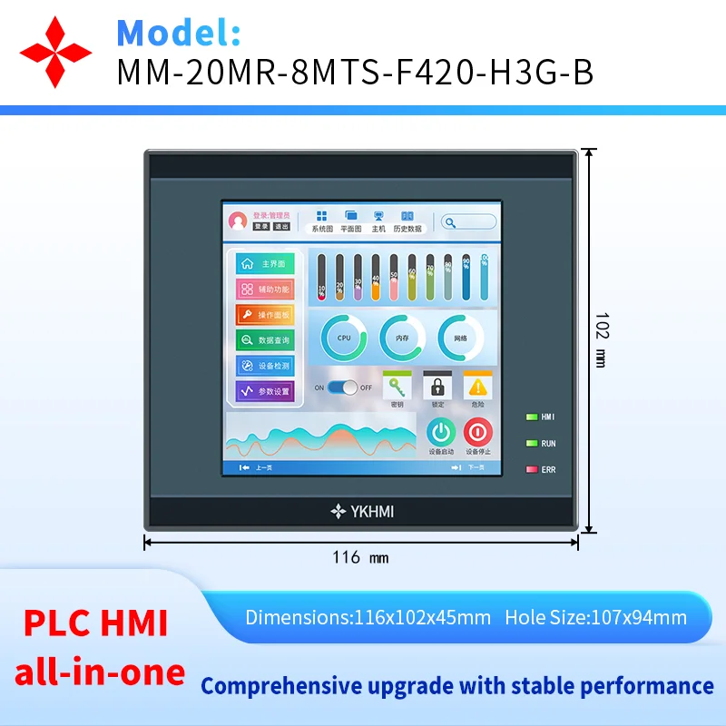 4-дюймовый ПЛК HMI «все в одном» со встроенным аналоговым 2AD 2DA, FX3G-20MR, 12 входов, 8 релейных выходов, 4 высокоскоростных импульсов, 100K
