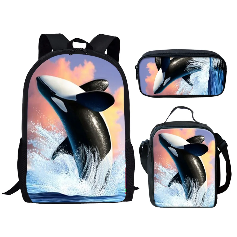 

Ocean Killer Whales Design Print 3Pcs Student School Bag Set Girls Boys Backpack Lunch Bag Pencil Bag Teenager Travel Rucksacks