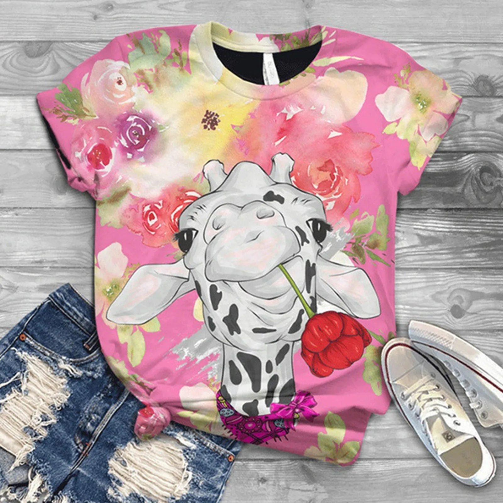 

Harajuku 2022 women's cartoon T-shirt, 3d cow animal print top, women's y2k round neck top