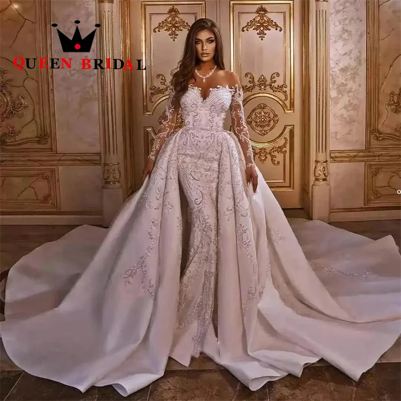 

Exquisite Lace Sequined Beading Wedding Dress Long Sleeve Sweetheart Detachable Train Bridal Gown Vestidos De Novia Custom S48X