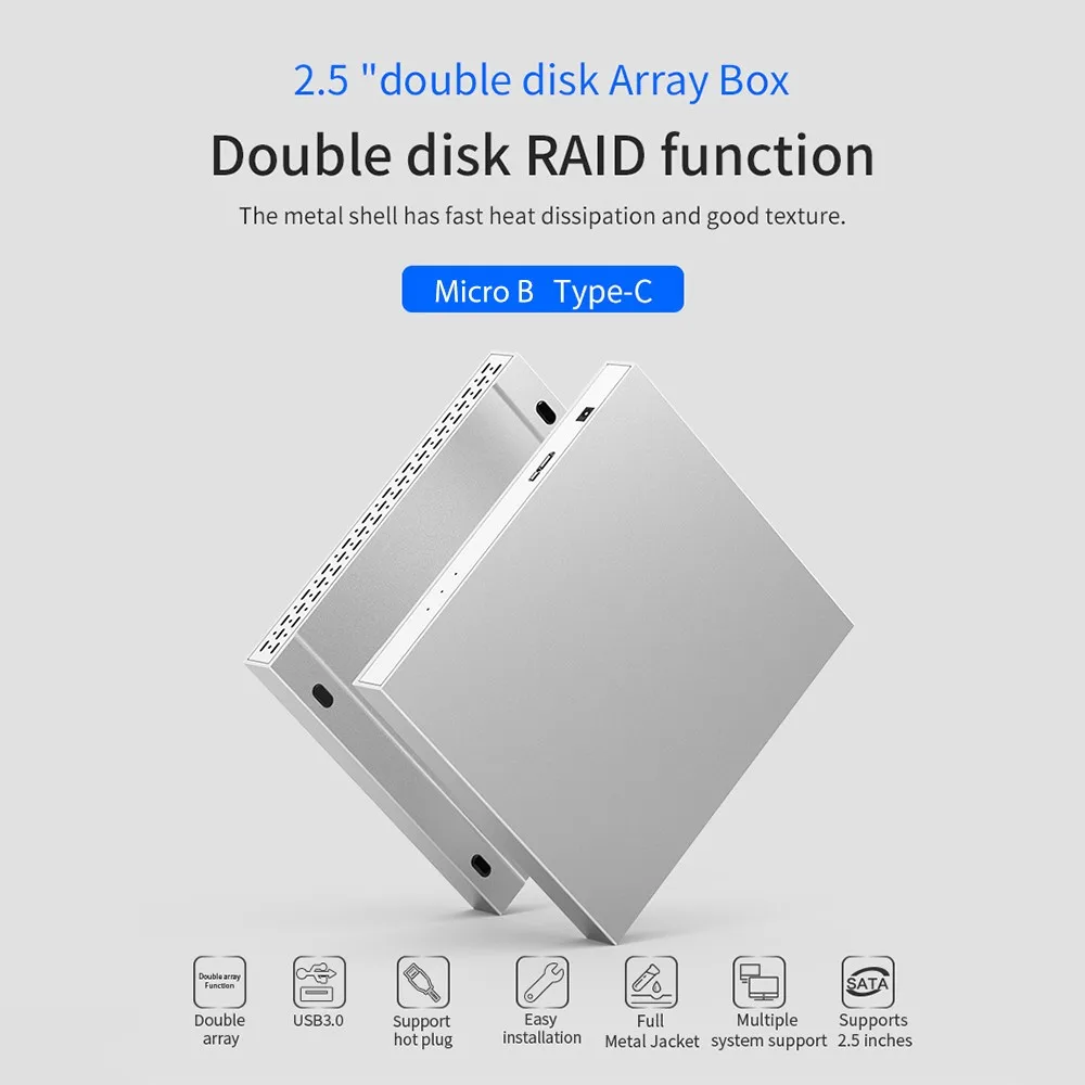 

External HDD Enclosure 2 Bay 2.5 Inch 5 Gbps Raid 4 Modes Metal SSD Solid State Disk Case For Windows For Mac Linux Type-C