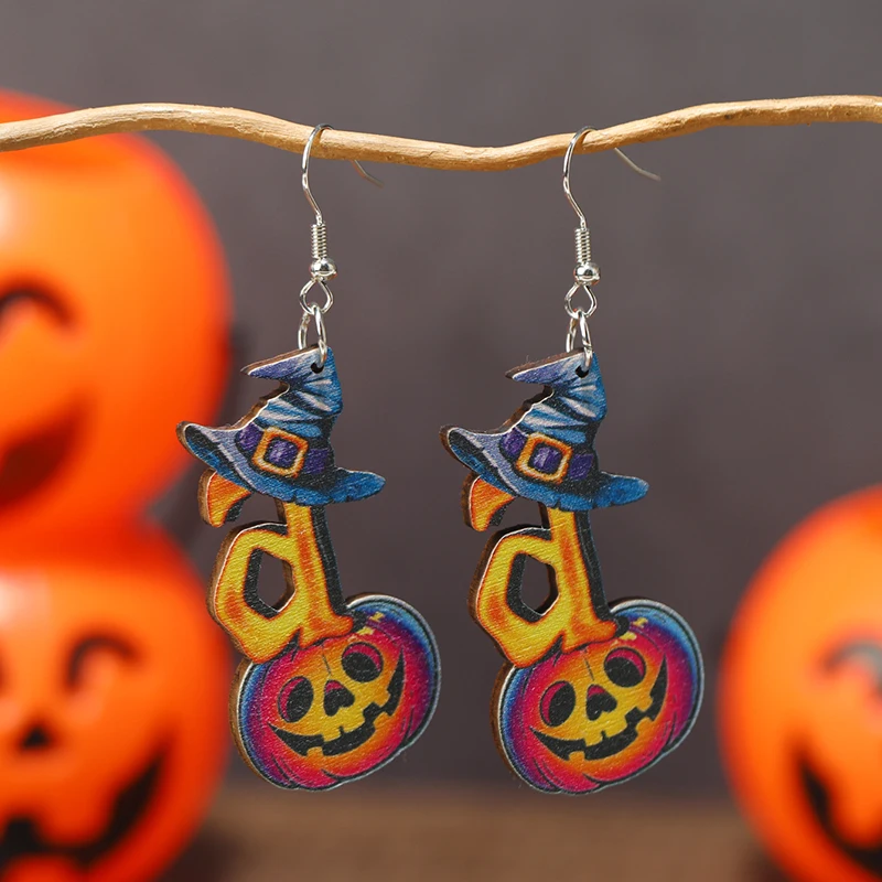 Набор Деревянных Висячих Серег На Хэллоуин-голова Тыквы Шляпа Ведьмы Дизайн