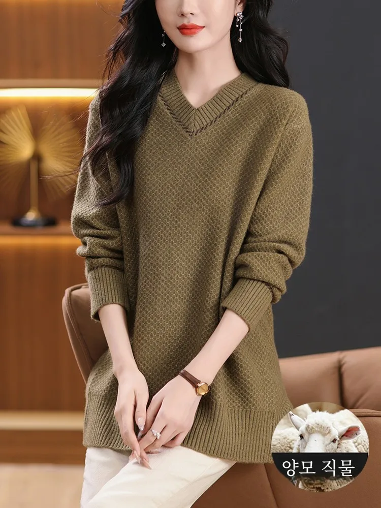 Plus size women clothing Autumn and Winter Mid-Length Woolen Sweater Women's Butt Covering V-neck Knitted Bottoming S...