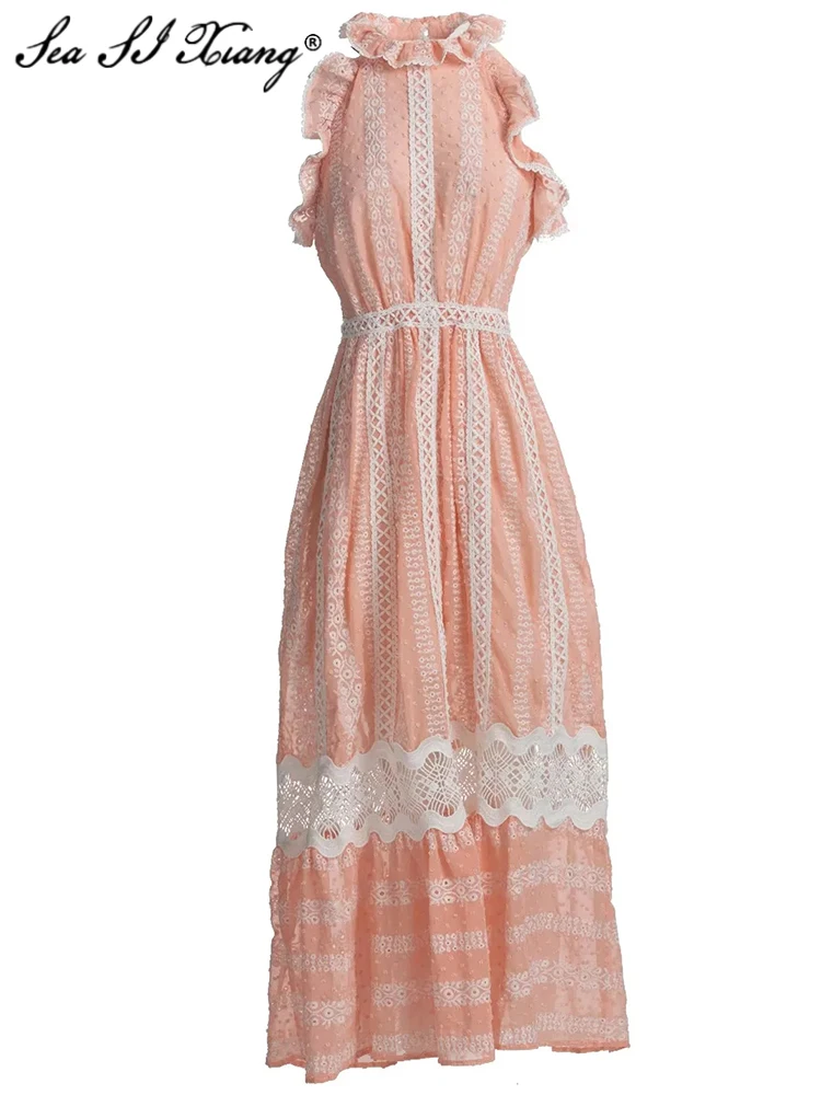 

Seasixiang Fashion Designer Summer Dress Women Stand Collar Sleeveless Embroidery Hollow Out Vintage Party Long Dresses