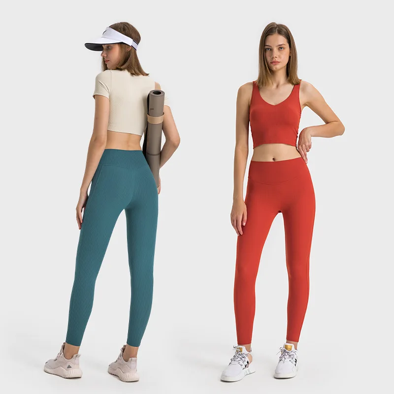 

Logo Customized Top Rib No Embarrassment Line Yoga Women's Leggings Gym Sexy Sports Pants Hip Tight Belly Naked Fitness Pants