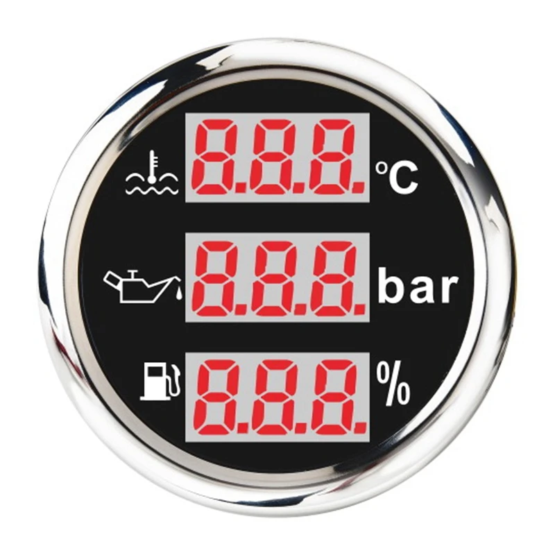 

Universal 52Mm 3 In 1 Multi-Function Digital Gauge Waterproof Water Temp Oil Pressure Fuel Level Gauge With Alarm