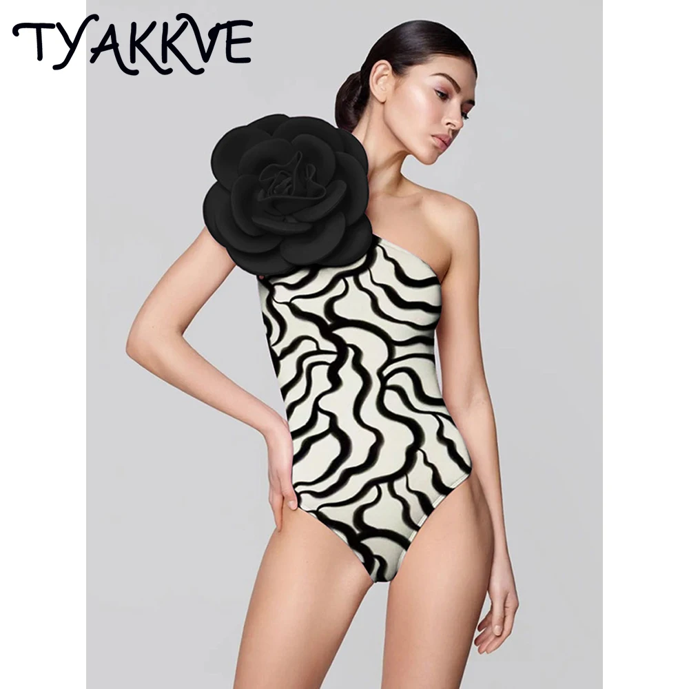 

TYAKKVE2023 New Sexy One Piece Swimsuit Bikini Summer Women One Shoulder Swimwear Beach 3D Flower Luxury Monokini Bathing Suit